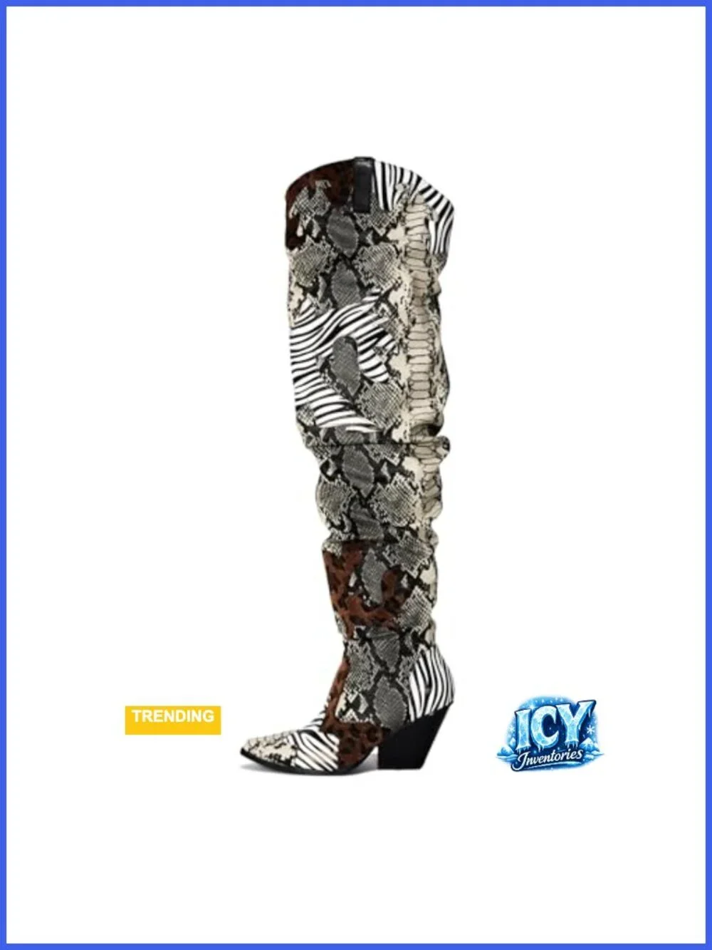 Faux Snakeskin Thigh High Cowboy Boots Chunky Heel Western Booties Block Heel